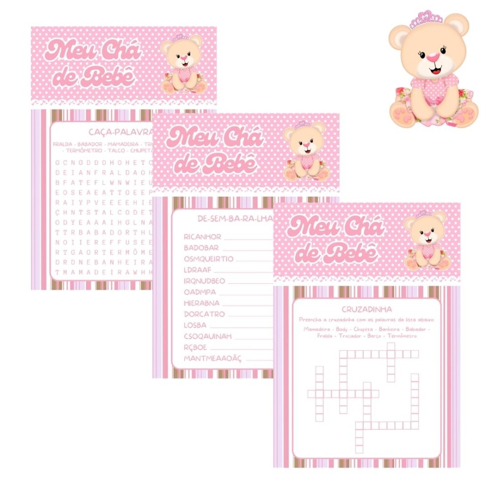 Kit brincadeiras Chá de bebê Ursinha Princesa - PDF