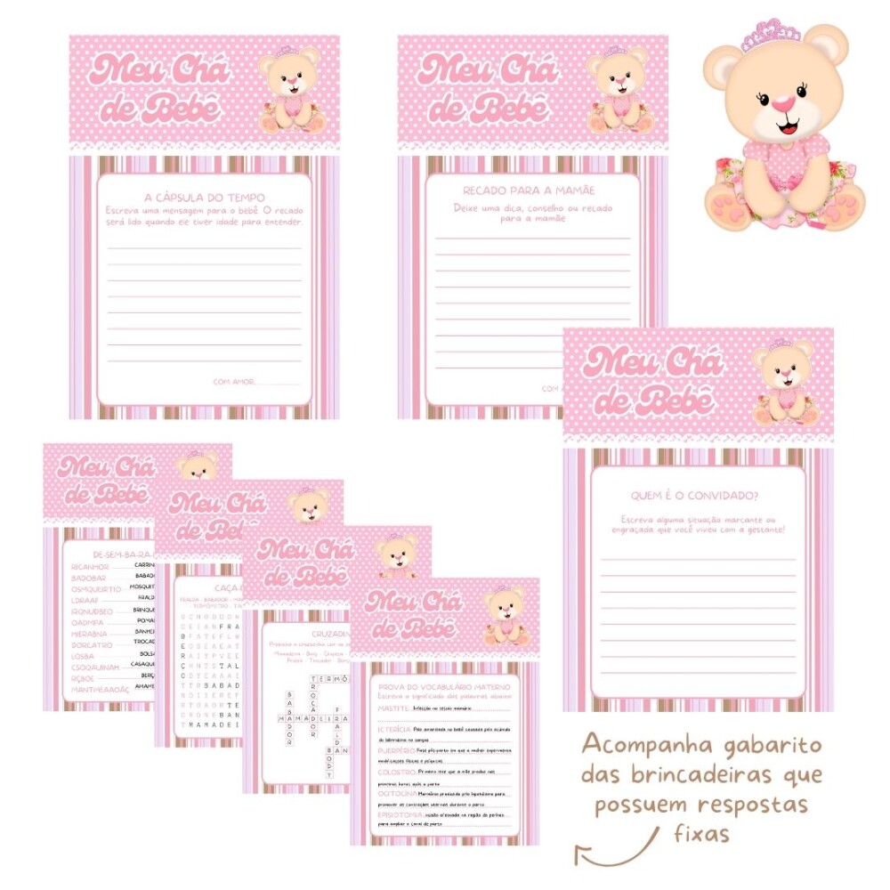 Kit brincadeiras Chá de bebê Ursinha Princesa - PDF
