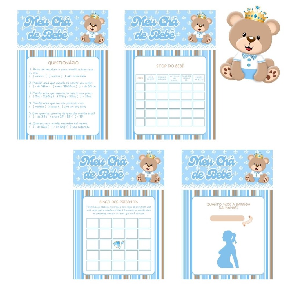 Kit brincadeiras Chá de bebê Ursinho Príncipe (azul claro) - P