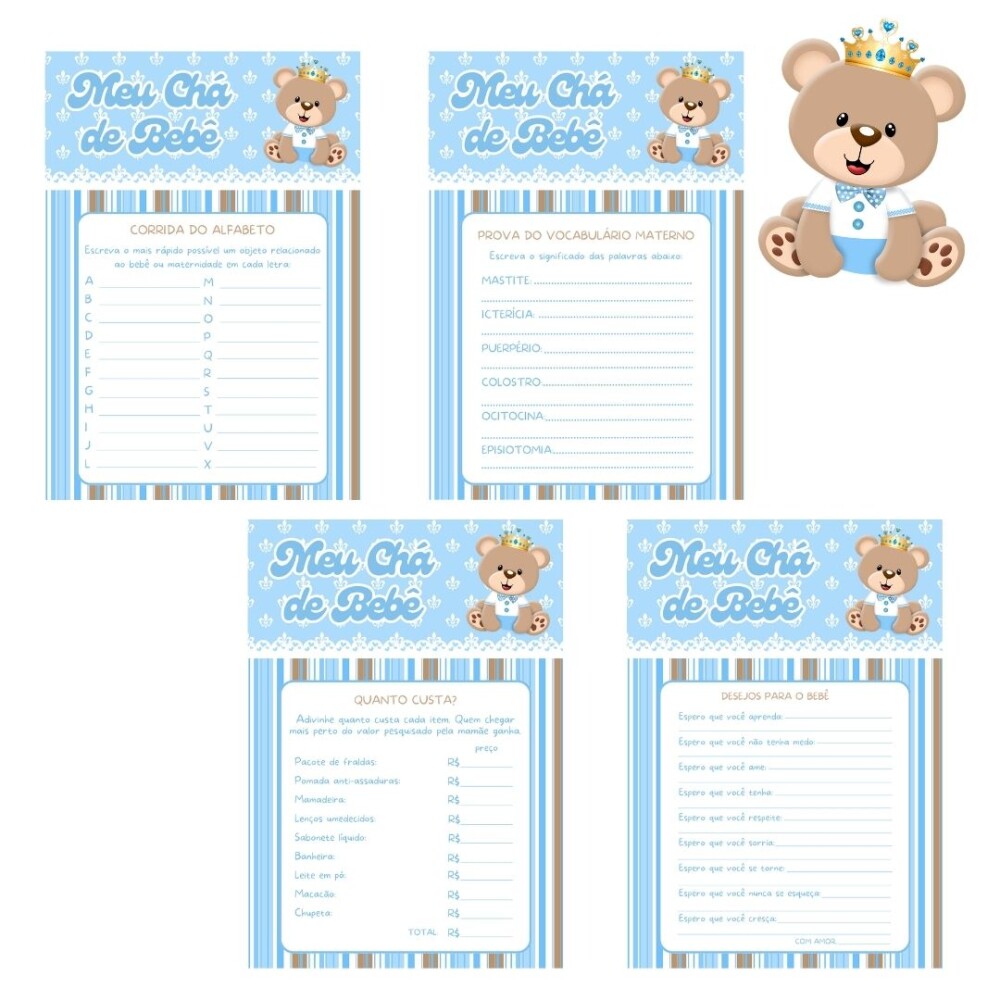 Kit brincadeiras Chá de bebê Ursinho Príncipe (azul claro) - P