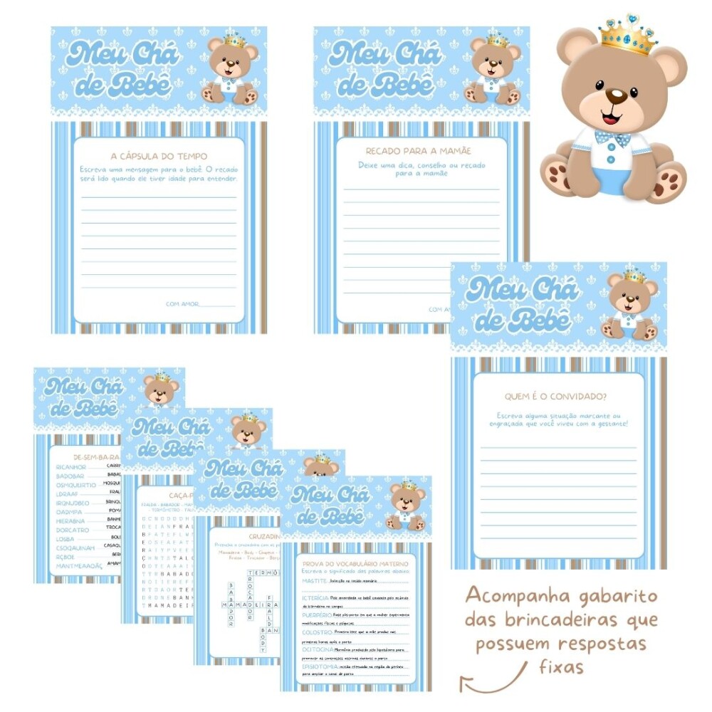 Kit brincadeiras Chá de bebê Ursinho Príncipe (azul claro) - P