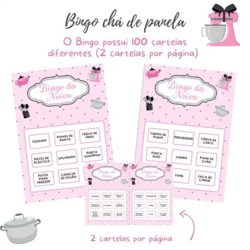 Bingo Chá de Panela - Rosa/cinza (100 Cartelas) - pdf