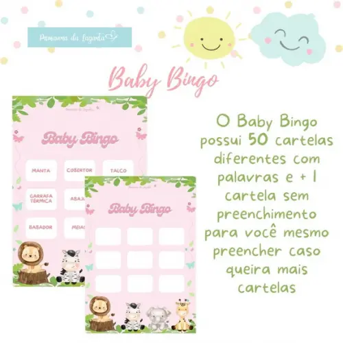 Baby Bingo Safári (rosa) 50 Cartelas (arquivo Digital Pdf)