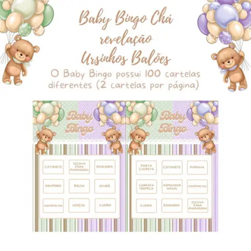 Baby Bingo Chá Revelação Ursinhos Balão Verde/lilás