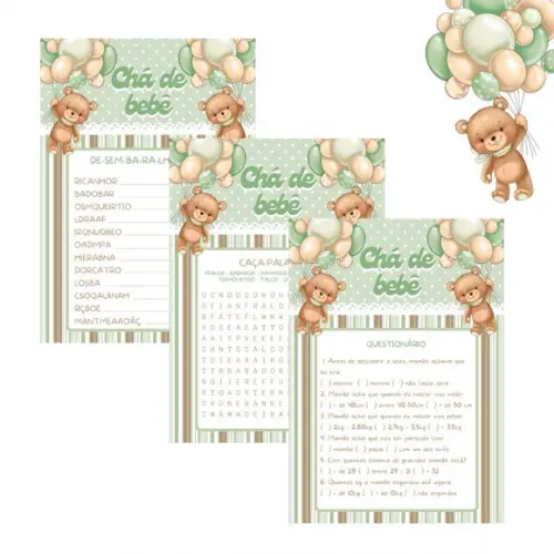 Kit Brincadeiras Chá de Bebê Ursinho Balões - Verde (pdf)