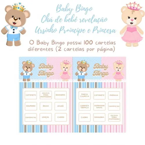 Bingo Chá Revelação Ursinho Príncipe e Princesa 100 Cartelas