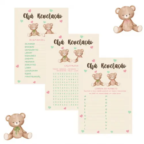 Kit Brincadeiras Chá Revelação Ursinho e Ursinha Verde/rosa