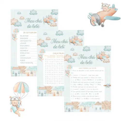 Kit Brincadeiras Chá de Bebê - Ursinho Aviador Aquarela