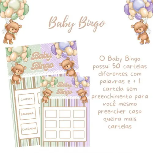 Baby Bingo Revelação Ursinhos Balão Verde/lilas -50 Cartelas