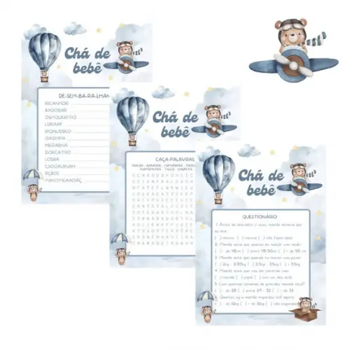Kit Brincadeiras Chá de Bebê Ursinho Aviador Aquarela (pdf)
