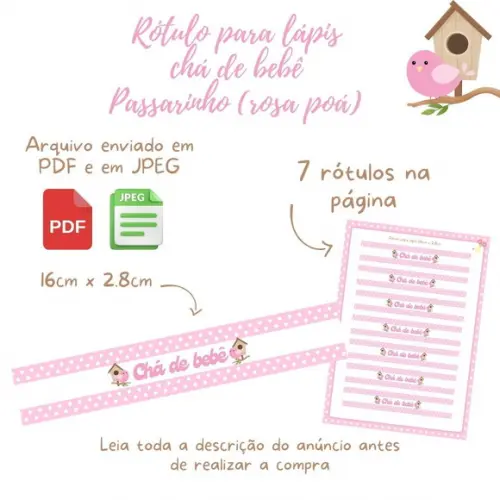 Rótulo para Lápis e Tags Passarinho (rosa Poá) (digital)