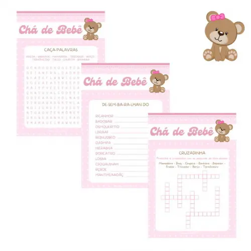 Kit Brincadeiras Chá de Bebê Ursinha Rosa (digital Pdf)