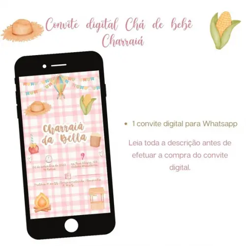 Convite Digital Chá de Bebê Charraiá - Rosa