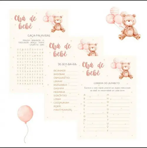 Kit Brincadeiras Chá de Bebê Ursinha Balões c/ Nome (pdf)
