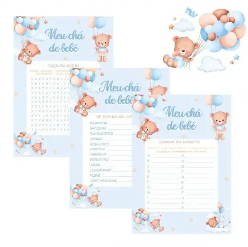 Kit Brincadeiras Chá de Bebê Ursinho Cute c/ Nome (pdf)