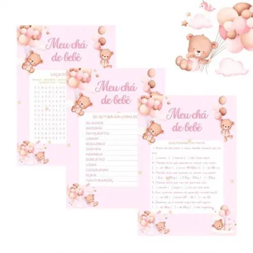 Kit Brincadeiras Chá de Bebê Ursinha Cute c/ Nome (pdf)