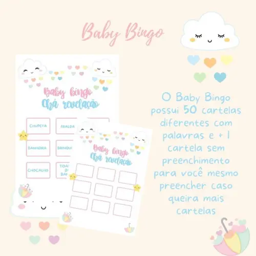 Baby Bingo Chá Revelação Chuva de Amor 50 Cartelas