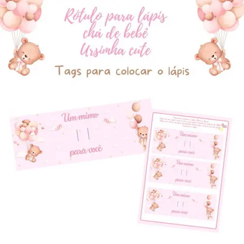 Rótulo para Lápis e Tags Ursinha Cute c/ Nome (digital)