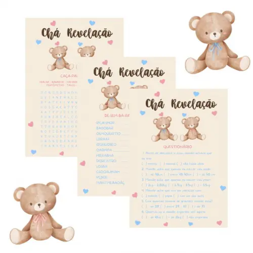 Kit Brincadeiras Chá Revelação Ursinho e Ursinha Azul e Rosa