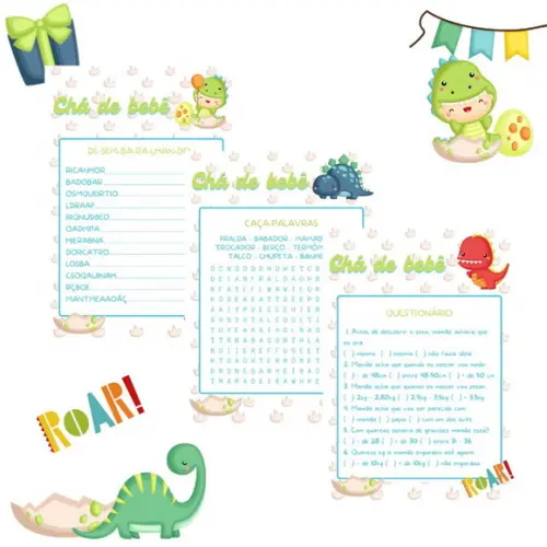 Kit Brincadeiras Chá de Bebê Dino c/ Nome (pdf)