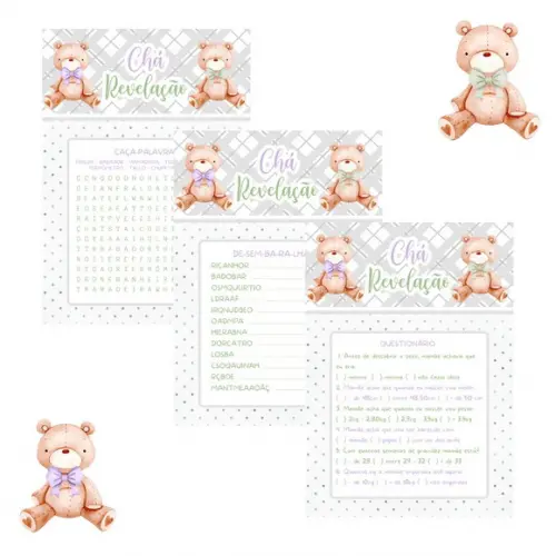 Kit Brincadeiras Chá de Bebê Revelação Ursinhos Verde/lilás