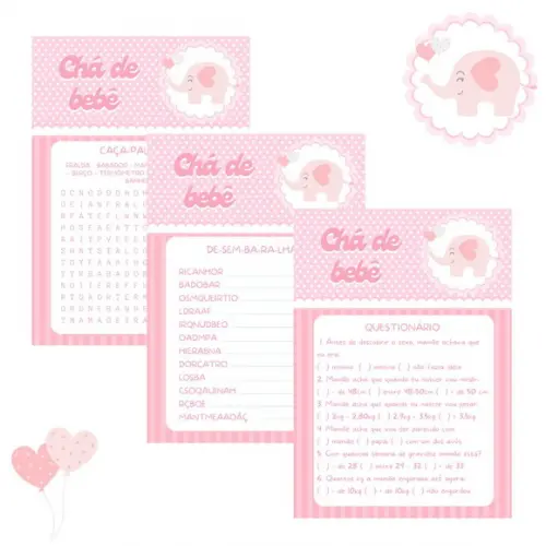 Kit Brincadeiras Chá de Bebê - Elefantinho (rosa) (pdf)