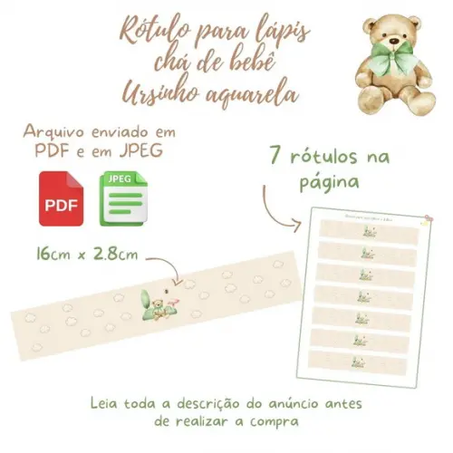 Rótulo para Lápis e Tags Ursinho Aquarela (digital)