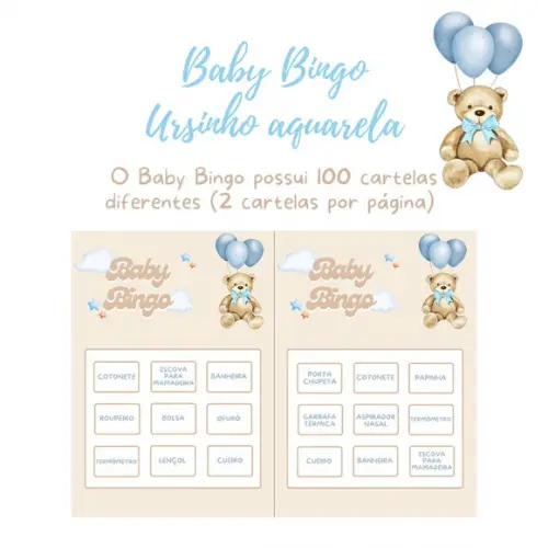 Baby Bingo Ursinho Aquarela (azul) - 100 Cartelas pdf