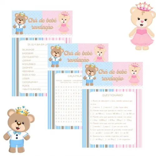 Kit Brincadeiras Chá Revelação Ursinho Príncipe e Princesa