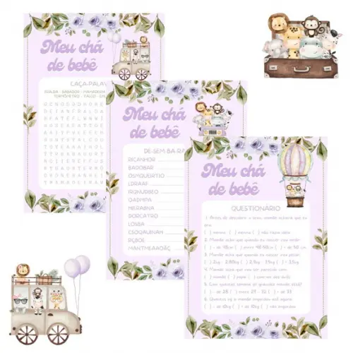 Kit Brincadeiras Chá de Bebê Safári Lilás (pdf)