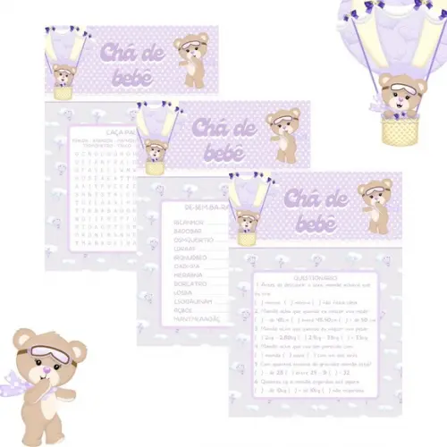 Kit Brincadeiras Chá de Bebê Ursinha Baloeira - Lilás (pdf)