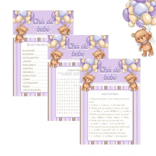 Kit Brincadeiras Chá de Bebê Ursinha Balões - Lilás (pdf)