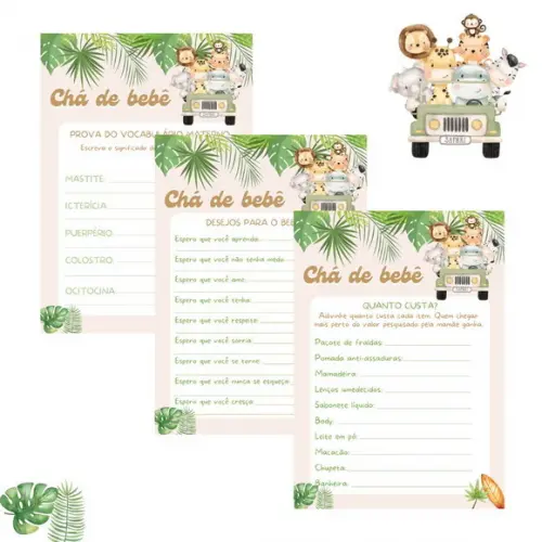 Kit Brincadeiras Chá de Bebê Safári c/ Nome (pdf)
