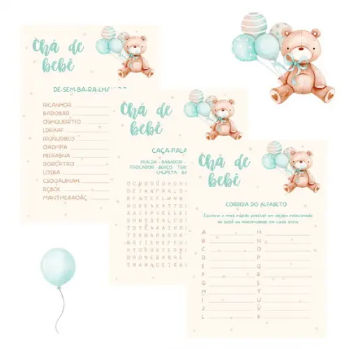 Kit Brincadeiras Chá de Bebê Ursinho Balões c/ Nome (pdf)