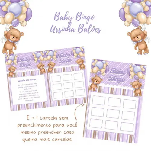 Baby Bingo Ursinha Balões Lilás C/nome - 100 Cartelas pdf