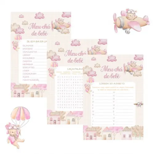Kit Brincadeiras Chá de Bebê - Ursinha Aviadora Aquarela