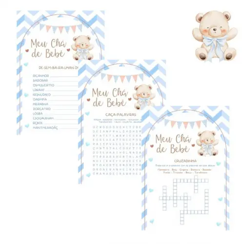Kit Brincadeiras Chá de Bebê Ursinho Azul Chevron -pdf
