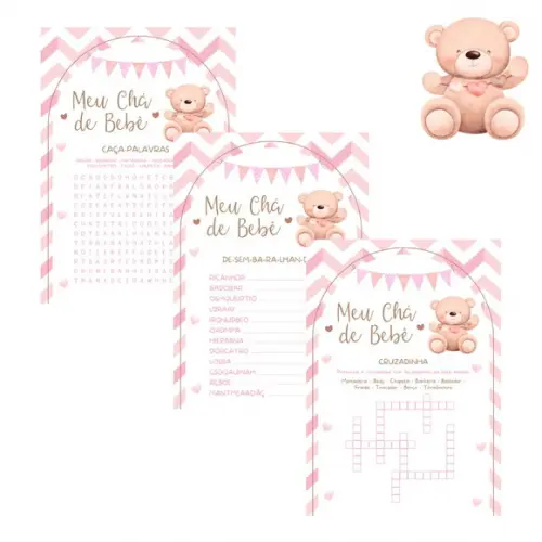 Kit Brincadeiras Chá de Bebê Ursinha Rosa Chevron -pdf