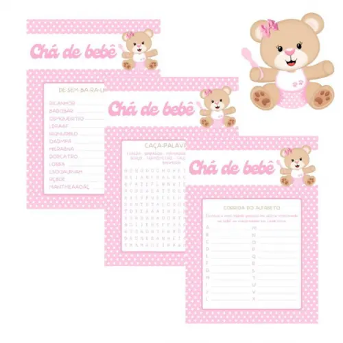 Kit Brincadeiras Chá de Bebê Ursinha Rosa Poá c/ Nome (pdf)