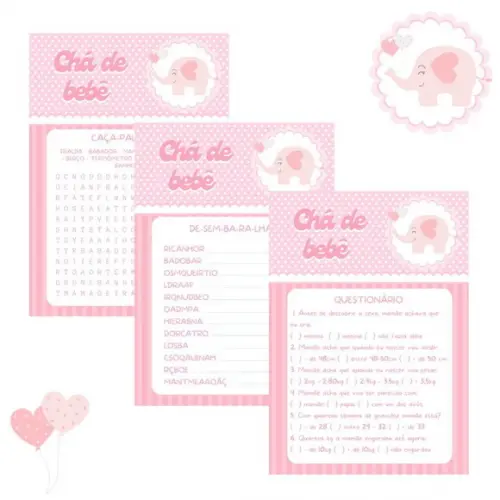 Kit Brincadeiras Chá de Bebê Elefantinho Rosa c/ Nome (pdf)