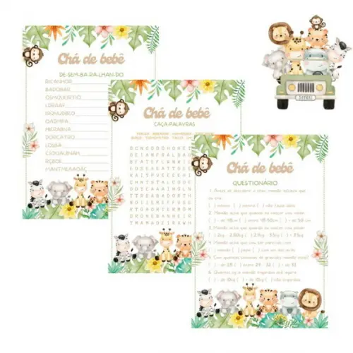 Kit Brincadeiras Chá de Bebê Safári 3 c/ Nome do Bebê Pdf)