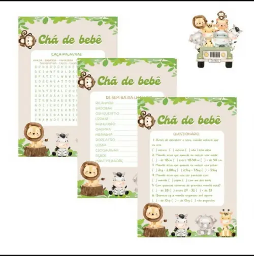 Kit Brincadeiras Chá de Bebê Safári c/ Nome do Bebê Pdf)
