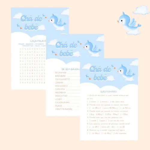 Kit Brincadeiras Chá de Bebê Passarinho 2 (azul) (pdf)