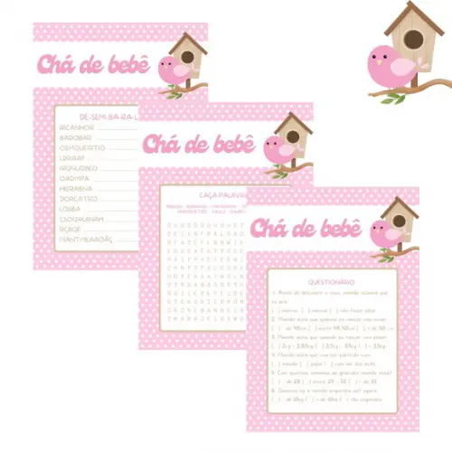 Kit Brincadeiras Chá de Bebê Passarinho (rosa Poá) (pdf)