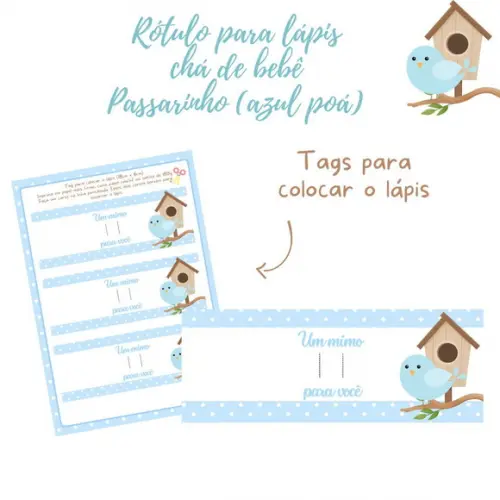 Rótulo para Lápis e Tags Passarinho (azul Poá) (digital)