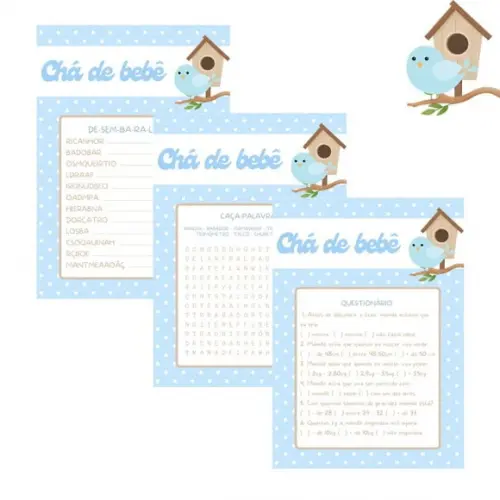 Kit Brincadeiras Chá de Bebê Passarinho (azul Poá) (pdf)
