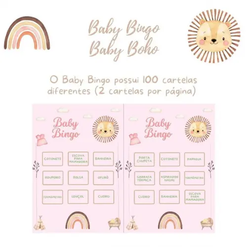 Baby Bingo Arco-íris Baby Boho (rosa)- 100 Cartelas pdf