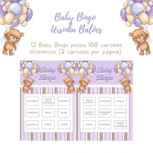 Baby Bingo Ursinho Balões (lilás) - 100 Cartelas pdf