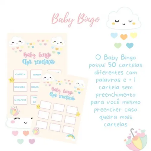 Baby Bingo Chá Revelação Chuva de Amor 50 Cartelas