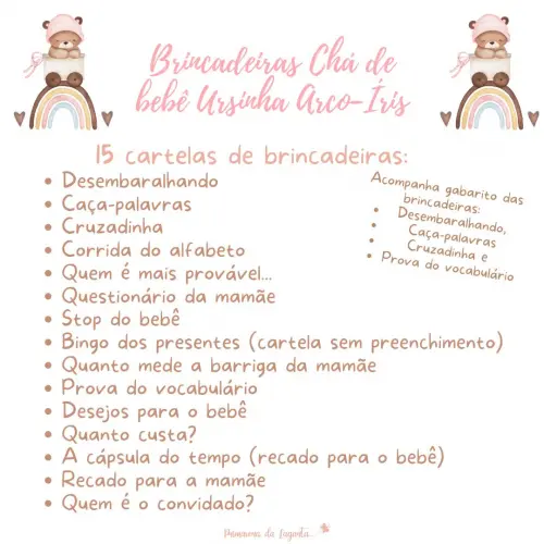 Kit Brincadeiras Chá de Bebê Ursinha Arco-íris -pdf
